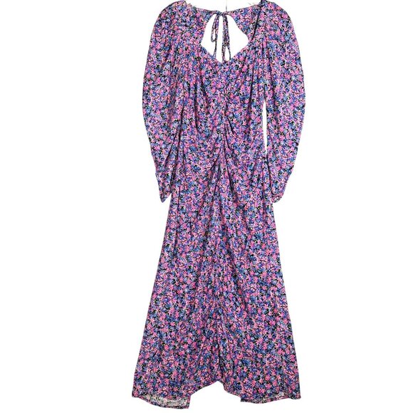 Zara Ditsy Floral Puff Sleeve Midi Dress XS Pink Purple Cottage Romantic - Picture 3 of 13